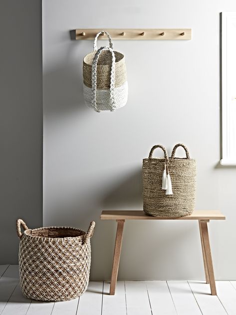 Looking for simple yet effective #hallway #storage #solutions? We love the idea of using #wicker #baskets hung from a spare #coat #hook to store #dog #leads, #balls and other essentials – happy walking. For more #hallway #storage ideas, take a look at our feature. Hallway Storage, Hallway Decorating, Bathroom Organization, Diy Bathroom, My New Room, Handmade Home, Storage Ideas, 인테리어 디자인, Bathroom Storage