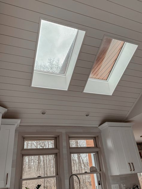 How to Shiplap to Your Vaulted Ceiling: A Step-by-Step Tutorial - Come Stay Awhile by Amanda Vernaci | Modern Farmhouse DIY + Home Renovation Vaulted Ceiling Garage Conversion, Shiplap Ceiling With Skylights, Shiplap Ceiling Vaulted, Shiplap Vaulted Ceiling, Vaulted Ceiling Skylight, Vaulted Ceiling Ideas, Vaulted Ceiling Kitchen, Skylight Kitchen, Floor Office