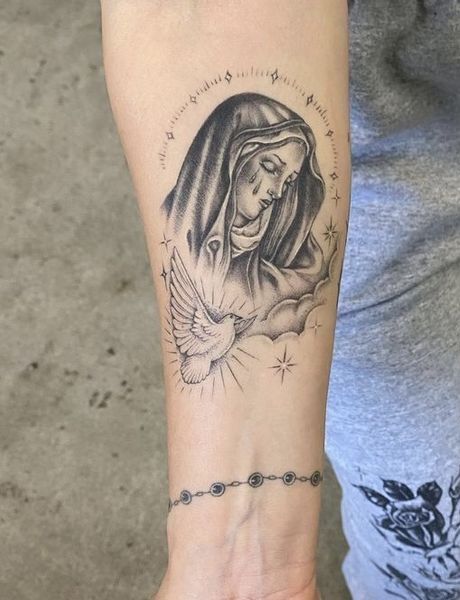 Feminine Virgin Mary Tattoo, Modern Virgin Mary Tattoo, Mother Mary Tattoo For Women, San Judas Tadeo Tattoo For Women, Virgen Mary Tattoo For Women, Mary Tattoo Forearm, Catholic Tattoos For Women, Spirituality Tattoos, Apprenticeship Portfolio