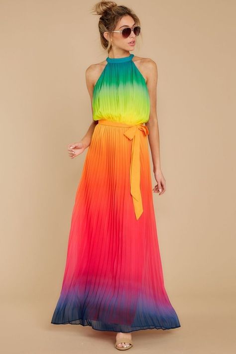 Colorful Outfits, Rainbow Outfit, Maxi Dress Outfit, Rainbow Fashion, Fashion Tops Blouse, Rainbow Dress, Dress Halter, Purple Wedding, Board Design