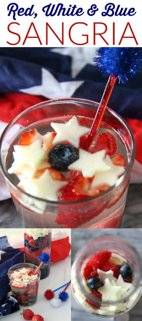 Red, White & Blue Sangria - Made with HAPPY Red White And Blue Sangria, 4th Of July Drinks, Blue Sangria, Memorial Day Desserts, Fourth Of July Drinks, Patriotic Cocktails, 4th Of July Cocktails, Memorial Day Foods, White Sangria