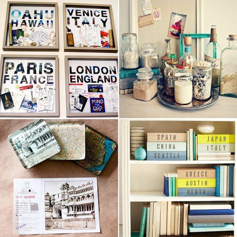 17 Ideas to Organize and Display Travel Mementos With Style Travel Photos Display, Souvenir Display, Vintage Postcards Travel, Memory Jar, Travel Crafts, Travel Keepsakes, Smart Living, Travel Wall, Travel Souvenirs