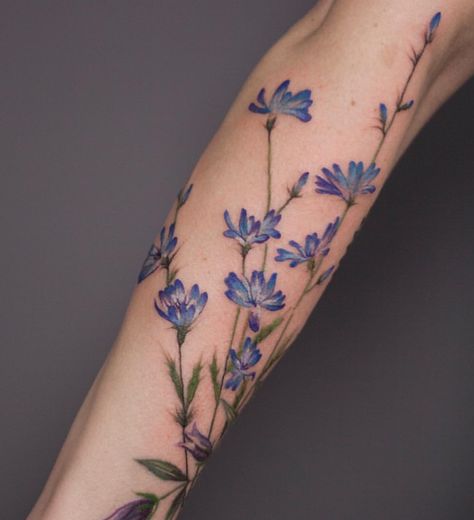 Teal Flower Tattoo, Chicory Flower Tattoo, Tattoo Ideas Female Butterflies, Floral Tatoos, Forearm Tattoos For Women, Botanisches Tattoo, Mandala Hand Tattoos, See Tattoo, Small Forearm Tattoos