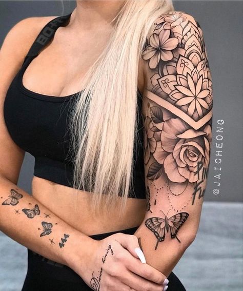 Forarm Tattoos For Women, Women's Shoulder Tattoo, Shoulder Sleeve Tattoos, Mandala Tattoo Sleeve, Feminine Tattoo Sleeves, Girl Arm Tattoos, Forarm Tattoos, Tattoos For Women Half Sleeve, Family Tattoo