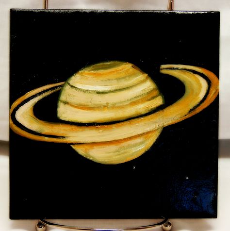 Saturn Original, acrylic Painting on 6" x 6" ceramic tile. Protective finish to give it an illustrious finish. To be displayed on an easel. Drawing Planets Space Easy, Moon And Saturn Painting, Painting Of Saturn, Saturn Painting Easy, Saturn Painting Acrylic, Saturn Drawing Simple, Saturn Painting, Saturn Drawing, Acyrlic Painting