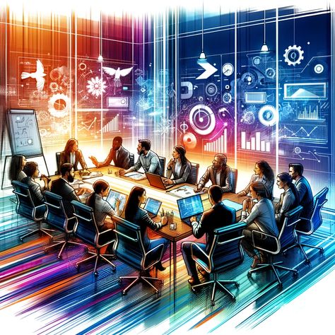 An illustration of a diverse group of professionals, including individuals from engineering, design, sales, and marketing, collaborating around a conference table. The scene is vibrant, with team members engaged in discussion, surrounded by laptops and digital devices in a modern, well-lit setting. This image conveys a sense of teamwork, innovation, and seamless communication. Calander Design, School Academy, Team Collaboration, Business Expansion, Social Media Advertising Design, Product Management, Engineering Projects, Modern Cross, Meet The Team