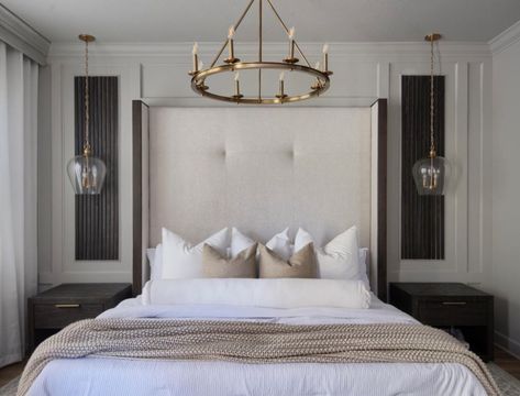 Guest Bedroom Chandelier, Rh Wall Decor, Chandelier For Master Bed, Hotel Glam Bedroom, Glam Transitional Bedroom, Glam Neutral Bedroom, Oversized Headboard Master Bedrooms, Primary Bedroom Chandelier, Tall Headboard Ideas