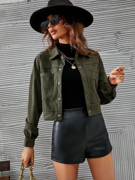 Drop Shoulder Pocket Patched Crop Corduroy Jacket | SHEIN USA Cropped Jacket Outfit, Jacket For Spring, Minimal Look, Long Sleeve Jacket, Sleeve Jacket, Corduroy Jacket, Long Sleeves Jacket, Fall Outfits Women, Crop Jacket