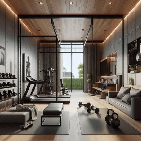 Create a stylish and functional modern home gym with sleek equipment and minimalist design. Elevate your fitness routine! #FunctionalGym #ModernFitness #MinimalistHome #SleekDesign #WorkoutInspiration Modern Home Gym Interior Design, Home Gym Interior Design, Modern Home Gym Design, Home Gym Interior, Modern Home Gym, Gym Designs, Small Home Gym Ideas, Small Home Gym, Gym Interior