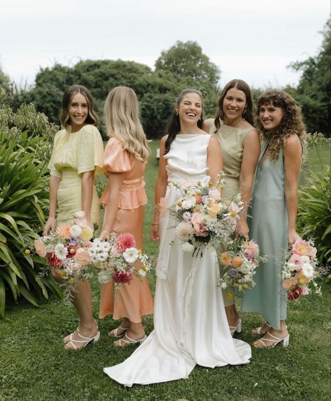 Mismatched Bridesmaid Dresses Small Wedding Party, Spring Bridesmaid Dress, Pastel Bridesmaid Dresses Mismatched, Wildflower Bridesmaid Dresses, Three Bridesmaids, Bridesmaids Green, Bridesmaid Dresses Color Palette, Mix Match Bridesmaids, Bridesmaids Spring