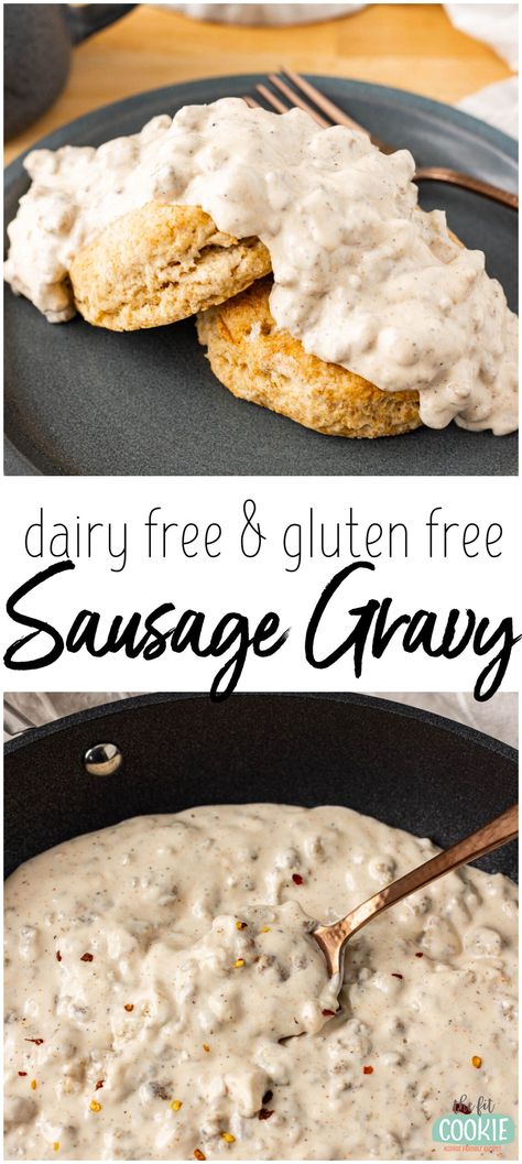 If you're craving a creamy Southern-style sausage gravy and biscuits but have dairy allergies, make a batch of our dairy free sausage gravy! Our recipe is thick, creamy, and savory, plus it's not only dairy free, it's also gluten free. | thefitcookie.com Soy Dairy And Gluten Free Recipes, Egg Dairy Gluten Free Breakfast, Easy Gluten Dairy Free Breakfast, Grain Free Dairy Free Breakfast, Paleo Biscuits And Gravy, Dairy Free Gluten Free Soy Free Recipes, Easy Gluten Free Dairy Free Breakfast, Gluten Soy And Dairy Free Recipes, Dairy Free Christmas Breakfast