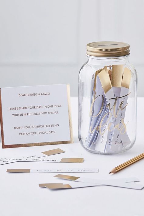 Dates In A Jar, Advice Jar, Bridal Shower Games Funny, Date Night Jar, Low Cost Wedding, Wedding Entertainment, Wedding Guest Book Alternatives, Wedding Games, Guest Book Alternatives