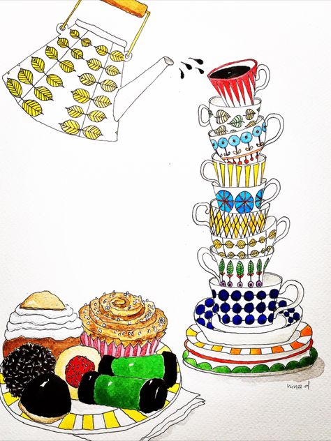 Fika Illustration, Swedish Kurbits, Swedish Graphic Design, Sweden Drawing, Typical Swedish Things, Luxury Tableware, National Symbols, Family Traditions, Season Colors