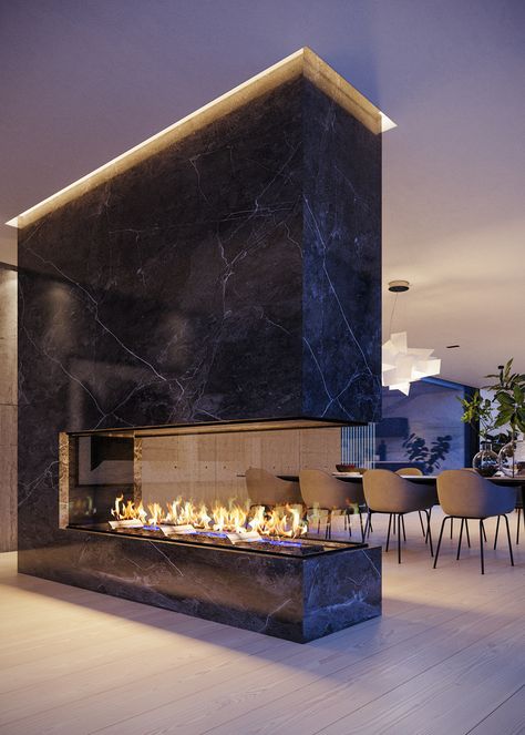 Villa Bosund v2 on Behance Double Sided Fireplaces, Luxury Fireplace Living Room, Double Sided Fireplace Living Room, Dual Sided Fireplace, Luxurious Fireplace, Side Fireplace, Luxury Living Room Designs Modern Interiors, Fireplace Modern Design, Luxury Fireplace