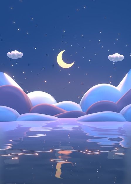 Cartoon Moon Aesthetic, Moon Cartoon Wallpaper, Night Illustration Wallpaper, Lullaby Illustration, Cartoon Night Sky, Midnight Drawing, Render Wallpaper, Sea And Stars, Sea Cartoon