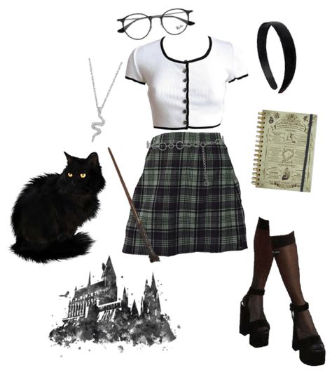 wizards, school, harry potter, hogwarts. Discover outfit ideas for everyday made with the shoplook outfit maker. How to wear ideas for Glasses and black headband Slytherin Inspired Outfits Casual, Harry Potter Polyvore, Slytherin Outfit Casual, If I Went To Hogwarts, Slytherin Aesthetic Outfit, Slytherin Outfit Ideas, Slytherin Inspired Outfits, Hp Outfits, Harry Potter Outfit