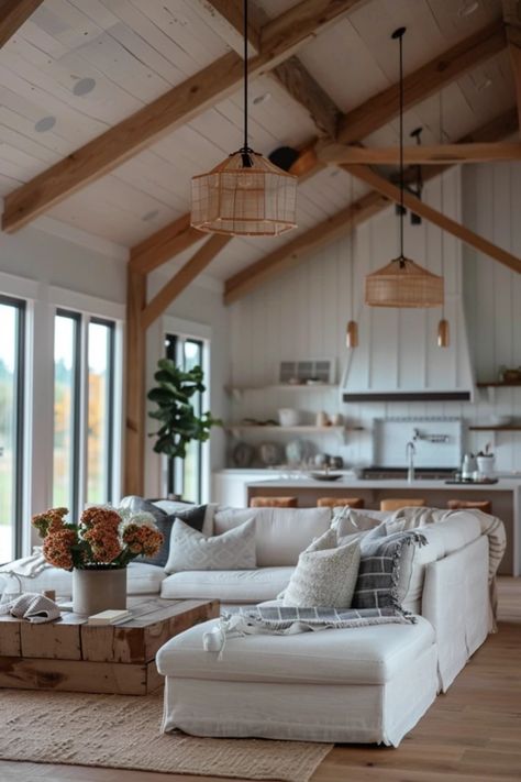 Looking to give your barndominium a stylish makeover? These ceiling ideas will make your space pop! From rustic wooden beams to chic vaulted designs, discover ways to infuse your living area with modern flair and country charm. Whether you love a cozy feel or a spacious essence, we’ve rounded up the best barndominium ceiling styles that suit everyone’s taste. Say goodbye to boring ceilings and hello to a stunning new look that elevates your home into a gorgeous getaway you've always dreamed of. Let’s transform your space today! Ceiling Planks Ideas, Modern Wood Ceiling Design, Low Vaulted Ceiling, Vaulted Ceiling Fan, Wood Beams On Ceiling, Wood Panel Ceiling, Wood Ceiling Ideas, Ceiling Styles, Beams Ceiling