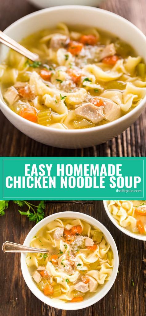 Making a hearty Chicken Noodle Soup from scratch is easier than you think! Tender chunks of chicken, egg noodles, plenty of vegetables and a secret ingredient that takes the flavor to the next level: you’ll never want canned soup again! Easy Homemade Chicken Noodle Soup, Homemade Chicken Noodle Soup Recipe, Use Leftover Chicken, Chicken Noodle Soup Recipe Homemade, Soups Recipes, Chicken Noodle Soup Recipe, Homemade Chicken Soup, Homemade Chicken Noodle, Chicken Soup Recipe