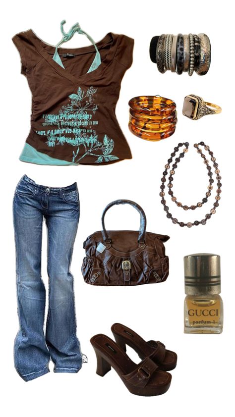 outfit inspiration brown gold y2k vintage gucci heels halterneck layered top low rise flared jeans Brown Flare Jeans Outfit, Brown Flare Jeans, Flare Jean Outfit, Low Rise Jeans Outfit, Low Rise Flared Jeans, Flare Jeans Outfit, Brown Flares, Gucci Heels, Low Rise Flare Jeans