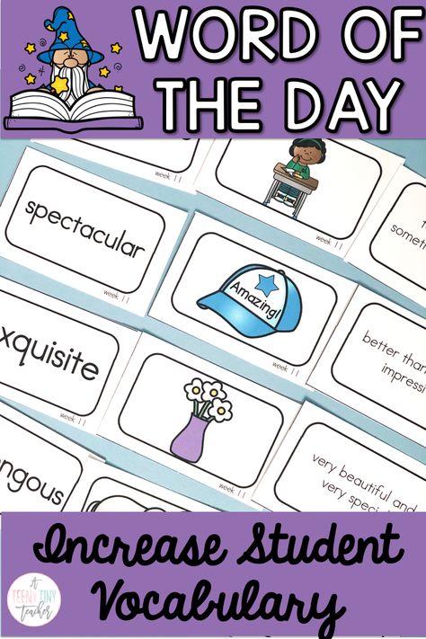 Help your students reach new levels in vocabulary work with this Word of the Day resource. This covers 36 weeks for a total of 144 words that are perfect for kindergarten, first, and second graders. Included are word cards, definition cards, picture cards, 2 versions of quick checks, application, word map, and links to video clips for each word. Kinders, 1st, and 2nd grade students love this engaging vocab review that will keep them learning and reviewing all year round. Building Vocabulary Kindergarten, Word Of The Week Worksheet, Kindergarten Word Of The Day, Vocabulary Second Grade, Preschool Word Of The Day, Word Of The Day Preschool, Building Vocabulary Activities 2nd Grade, Vocabulary Words For Kindergarten, How To Teach Vocabulary First Grade