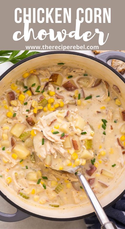 This Chicken Corn Chowder is an easy and healthy meal made in one pot! This corn chowder is loaded with tender shreds of chicken, veggies, and more in... Ww Chicken Corn Chowder, Crockpot Chicken Corn Chowder, Chicken Corn Chowder Soup, Slow Cooker Chicken Corn Chowder, Soup With Rotisserie Chicken, Chicken Corn Chowder Recipe, Corn Chowder Soup, Chicken Soup Recipes Homemade, Chicken Corn Soup