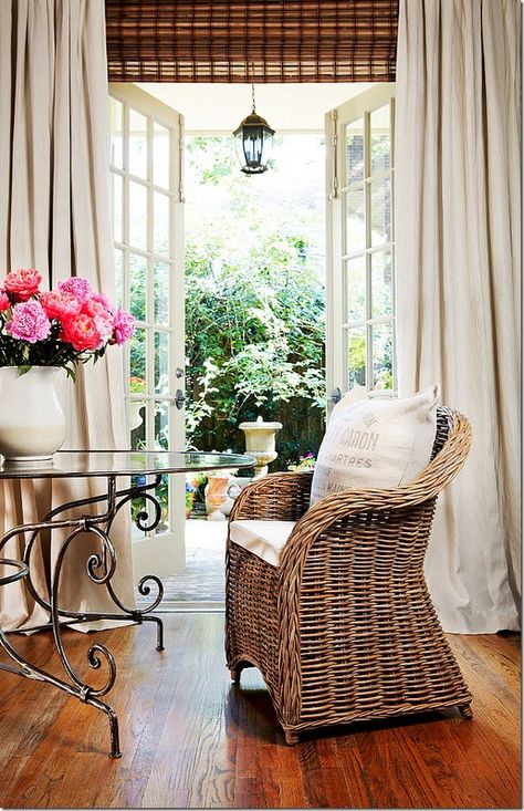 Beneath My Heart French Door Window Treatments, Corner Window Treatments, Blinds For French Doors, House Blinds, Bamboo Blinds, Wicker Decor, Wood Blinds, French Door, Curtain Decor