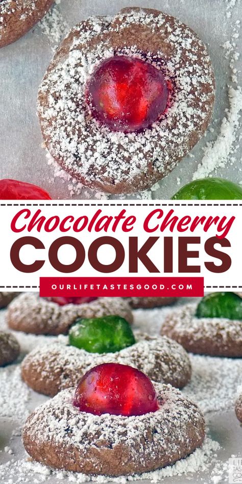 Indulge in the delight of Chocolate Cherry Cookies this season! This holiday baking recipe is a perfect choice for easy Christmas cookies. They're a great addition to your Christmas cookie tray, made with chocolate cookie dough and sweet candied cherries. Easy to make and delicious, try them now! Cookies With Candied Cherries, Recipes With Candied Cherries, Maraschino Cherry Chocolate Chip Cookies, Marachino Cherries Christmas Cookies, Chocolate Cookie Dough Recipe, Cookies With Cherries, Cherry Coded, Cherry Cookies Recipes, Christmas Cookie Tray