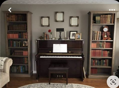 Piano Family Room, Study Room With Piano, Front Room Piano, Piano Room With Bookshelves, Piano Library Wall, Piano Nook Ideas, Stand Up Piano In Living Room, Pianino In Living Room, Piano And Bookshelves