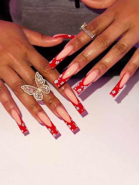 Red Nails With 3d Flower Design, Red Acrylic Coffin, Red Floral Nails, Red Flower Nails, Baddies Nails, French Floral Pattern, Mood Nails, Character Nails, Fye Nails