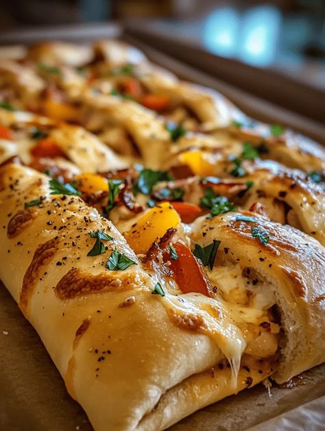 Imagine sinking your teeth into a warm, crispy, and golden-brown Chicken Bacon Ranch Stromboli. With its savory filling of shredded chicken, crispy bacon, and gooey mozzarella cheese, this dish is the ultimate comfort food your family will crave time and again. Not only is it an unforgettable combination of flavors, but it's also incredibly fun to make. Perfect for a weeknight dinner or a cozy group gathering, this stromboli will elevate your meal time with ease and flavor. Easy Chicken Bacon Ranch Stromboli, Bbq Chicken Stromboli, Chicken Bacon Ranch Stromboli, Spinach Stromboli Recipe, Stromboli Filling Ideas, Turkey Stromboli, Chicken Bacon Ranch Stromboli Recipe, Chicken Stromboli Recipe, Chicken Brocoli