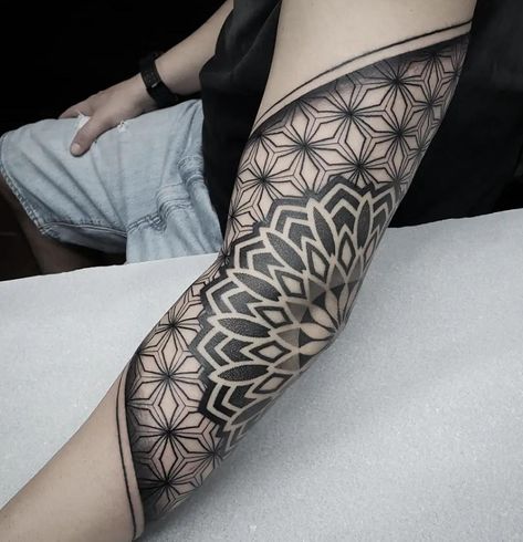 Sacred Geometry Elbow Tattoo, Rist Tattoo For Men, Geometric Tattoo Elbow, Geometric Mandala Tattoo Design Men, 108 Tattoo, Tato Mandala, Forearm Cover Up Tattoos, Geometric Tattoo Sleeve Designs, Knee Tattoos