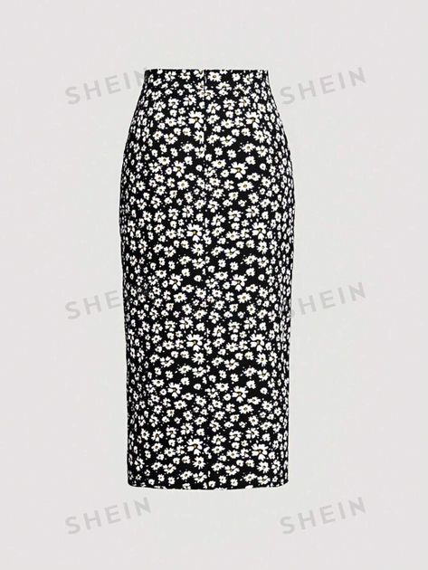 SHEIN USA Shein Skirts Long, Shein Floral Skirt, Floral Print Non-stretch High Waist Skirt, Black Floral Print Party Skirt, Non-stretch Floral Print Skirt, Thigh Skirt, Ruched Skirt, Ditsy Floral Print, Women Skirts