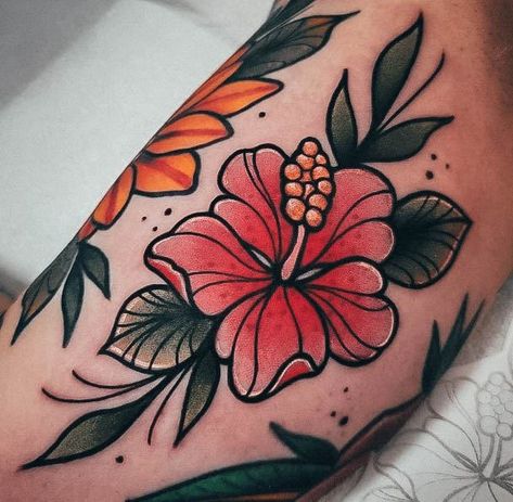 Traditional Purple Tattoo, Hibiscus Neotraditional Tattoo, Neo Traditional Hibiscus Tattoo, American Traditional Aquatic Tattoo, Cute Neotraditional Tattoo, Flash Tattoo Designs Neo Traditional, Neo Trad Sleeve, American Trad Flash, Nature Tattoo Color