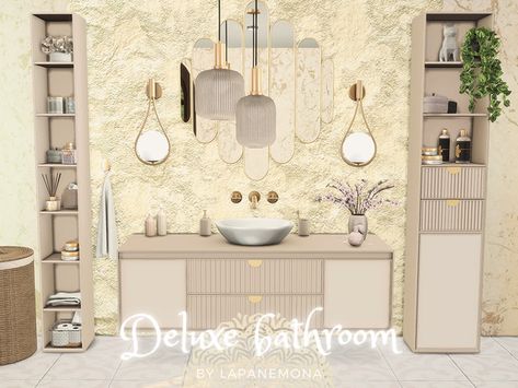 Lapanemona's Deluxe bathroom set Sims 4 Bathroom Cc, Sims 4 Bathroom, Bathroom Cabinet With Drawers, Luxe Bathroom, Cc Furniture, Sleek Bathroom, Sims 4 Expansions, Metal Wall Lamp, Elegant Mirrors