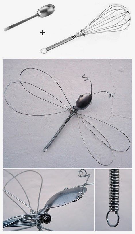 DIY Whisk Dragonfly diy ideas crafts do it yourself Old Kitchen Utensils, Sculptures Sur Fil, Silverware Crafts, Silverware Art, Diy Welding, Metal Garden Art, Whisks, Junk Art, Sculpture Metal