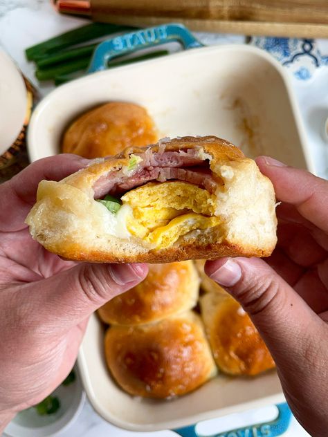 Ham, Egg, and Cheese Stuffed Biscuits | Topped with Maple Butter