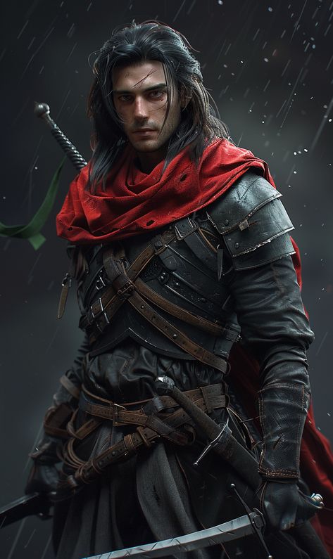 #HandsomeMan #LongDarkHair #LeatherChainMailArmor #RedScarf #TwoSwords #GreenMagicEnergy #DynamicLighting #Photorealistic #3:5 #TheCandie Mail Armor, Character Holding Swords, Fantasy Male Warrior, Scarred Warrior Male, Cloaked Figure Fantasy Art, Red Haired Elf Man, Man At Arms Medieval, Medieval Dark Haired Man, Dark Haired Men