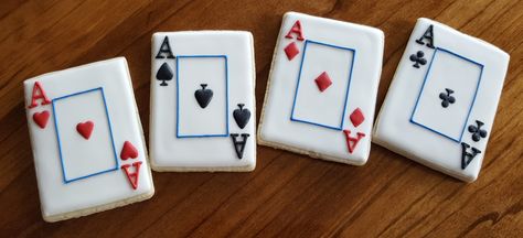 Aces playing card cookies Card Cookies Decorated, Card Cookies, Playing Card Cookies, Casino Cookies Decorated, Casino Birthday Theme, Playing Cards Cookies Decorated, Poker Chip Cookies, Poker Themed Cookies, Themed Playing Cards