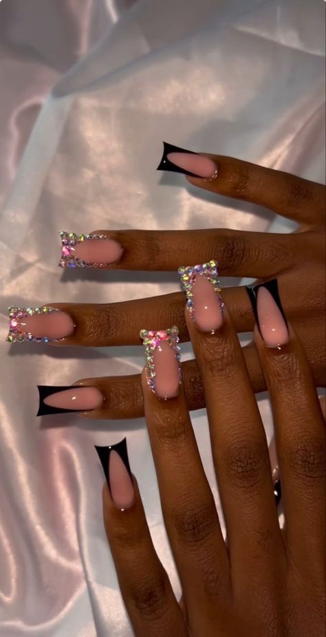 White Tip Acrylic Nails With Diamonds, Nails Idea Black Women, Simple Bling Acrylic Nails, Birthday Nails 19, 15 Birthday Nails, New Years Outfit Black Women, Square Nails With Stiletto Pinky, Bad And Boujee Nails Short, Black And White French Tip Nails