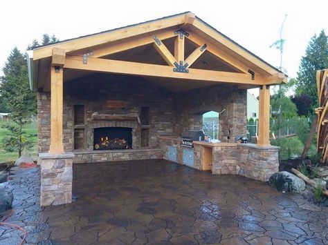 Rustic Pavilion, Garage Fireplace, Pavilion Ideas, Pavilion Plans, Outdoor Covered Patio, Outdoor Fireplace Patio, Outdoor Kitchen Plans, Outdoor Patio Designs, Outdoor Pavilion