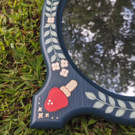 Little weird shaped mirror with hand painted mushrooms 🍄 Painted Mushrooms, Painted Mirrors, Hand Painted Mirrors, Shaped Mirror, Mirror Painting, Painting Designs, Paint Designs, House Ideas, Hand Painted