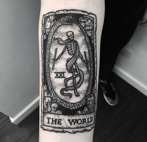 The World Tarot Card The World Tarot Tattoo, World Tarot Card, Celtic Tattoos For Men, Dark Mark Tattoos, The World Tarot Card, The World Tarot, Dripping Blood, Woodcut Tattoo, Tarot Card Tattoo