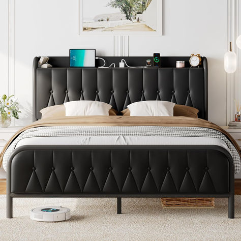 Bed Frame with Type-C & USB Port, Metal Platform Beds, with Faux Leather Upholstered Headboard & Footboard, click on link to purchase #promotion Leather King Size Bed, Leather Upholstered Headboard, Black Bed Frames, Black Bed, Full Size Bed Frame, Underbed Storage, Full Bed Frame, Leather Headboard, Cushion Headboard