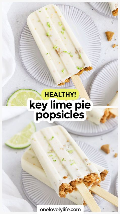 These creamy key lime pie popsicles taste like a slice of your favorite key lime pie! Made from healthy ingredients, like Greek yogurt and juicy fresh limes, these homemade popsicles are the perfect summer treat! Get this key lime popsicle recipe and more healthy homemade popsicles to try at One Lovely Life Meal Prep Snacks Healthy, Healthy Key Lime, Healthy Key Lime Pie, Creamy Key Lime Pie, Yogurt Popsicle Recipes, Creamy Popsicles, Healthy Popsicle Recipes, Key Lime Desserts, Frozen Treats Recipes