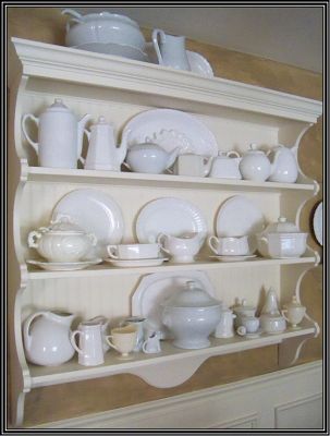 Plate Rack Wall, Dish Collection, Cottage Style Interiors, Two Tone Kitchen Cabinets, Plate Shelves, Dish Display, White Dish, Hutch Decor, Pantry Wall