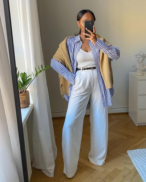 8 Scandi Summer Outfits I'm Desperate to Re-Create | Who What Wear UK White Trousers Outfit, Minimal Capsule Wardrobe, Look Office, Simple Frocks, Trouser Outfits, Minimalist Capsule Wardrobe, Blue Striped Shirt, White Trousers, Looks Street Style