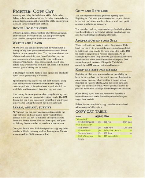 My homebrew fighter subclass. It focuses on copying the moves and abilitys of others for a short time to be as versitile as possible. Homebrew Fighter Subclasses, Fighter Subclass Homebrew, Dnd 5e Homebrew Fighter Subclasses, Dnd Fighter Subclasses Homebrew, Fighter Subclass 5e, Homebrew Classes 5e, Subclasses 5e, Homebrew Races, Dnd Subclasses