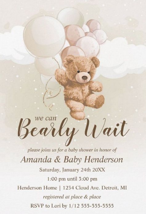 Teddy Bear Baby Shower Theme, Teddy Bear Baby Shower Invitations, Bear Baby Shower Theme, Neutral Blue, White Baby Showers, We Can Bearly Wait, Gender Neutral Baby Shower Invitations, Bear Invitations, Bearly Wait