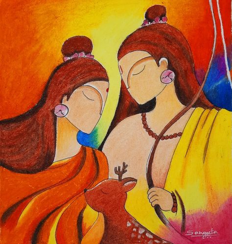 Oil pastel work of Lord Rama & Seeta Ram Seeta, Diwali Drawing, Easy Rangoli Designs Videos, Bubble Drawing, Ram Sita, Easy Rangoli Designs Diwali, Ram Navami, Rangoli Designs Latest, Madhubani Art