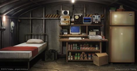 Inside the bunker - Visual Novel Background by giaonp on DeviantArt Bunker Room, Visual Novel Background, Cyberpunk Apartment, Bunker Home, Casa Anime, Wattpad Background, Anime House, Episode Interactive Backgrounds, Anime Places